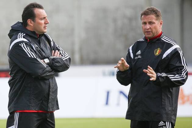 Aktuell Fußball, Training Nationalteam Belgien mit Marc Wilmots - KNOKKE-HEIST, BELGIUM: Belgium s head coach Marc Wilmots and Belgium s assistant coach Vital Borkelmans pictured during a training session on the second day of the training camp of Belgian national soccer team The Red Devils in Knokke-Heist, Friday 29 May 2015. The Devils are preparing for a friendly game against France and a Euro 2016 qualification game against Wales. BRUNOxFAHY  x04632947x