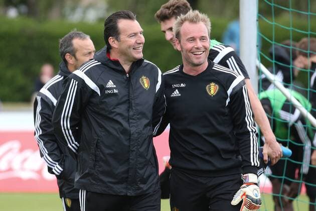 - KNOKKE-HEIST, BELGIUM: Belgium s head coach Marc Wilmots and Belgium s goalkeeper Jean-Francois Gillet pictured during a training session on the third day of the training camp of Belgian national soccer team The Red Devils in Knokke-Heist, Saturday 30 May 2015. The Devils are preparing for a friendly game against France and a Euro 2016 qualification game against Wales. BRUNOxFAHY  x04633402x