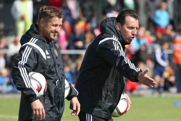 - KNOKKE-HEIST, BELGIUM: Belgium s assistant coach Vital Borkelmans and Belgium s head coach Marc Wilmots pictured during a training session on the third day of the training camp of Belgian national soccer team The Red Devils in Knokke-Heist, Saturday 30 May 2015. The Devils are preparing for a friendly game against France and a Euro 2016 qualification game against Wales. BRUNOxFAHY  x04633425x