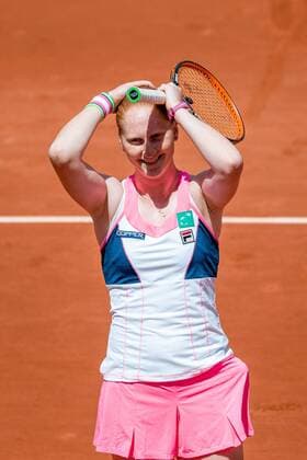 May 30, 2015: Alison VAN UYTVANCK of Belgium celebrates her win in a 3rd round match against Kristina MLADENOVIC of France on day seven of the 2015 French Open tennis tournament at Roland Garros in Paris, France. VAN UYTVANCK won 64 61. Sydney Low Cal Media. Tennis 2015: French Open MAY 30 - ZUMAc04_