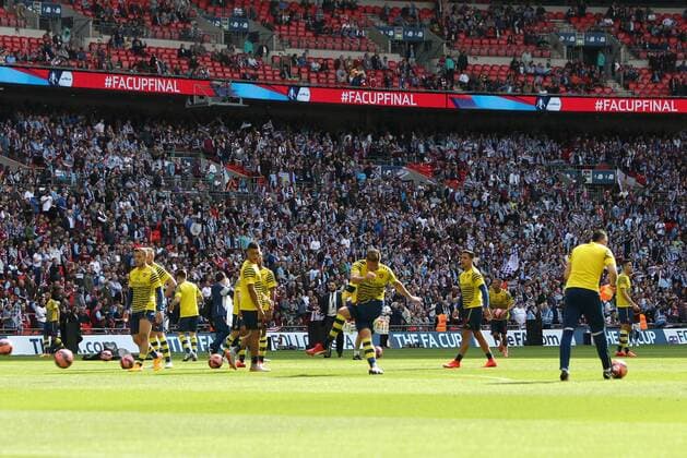 Arsenal warm up in front of the Villa fans - Arsenal vs. Aston Villa - FA Cup Final - Wembley Stadium - London - 30 05 2015 Pic Philip Oldham Sportimage EDITORIAL USE ONLY. No use with unauthorised audio, video, data, fixture lists, club league logos or live services. Online in-match use limited to 120 images, no video emulation. No use in betting, games or single club league player publications.