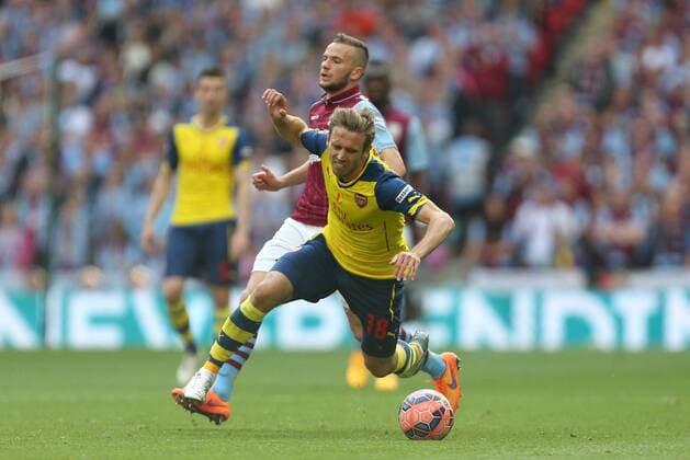 Tom Cleverley of Aston Villa earns a yellow card for his tackle on Arsenal s Nacho Monreal - Arsenal vs. Aston Villa - FA Cup Final - Wembley Stadium - London - 30 05 2015 Pic Philip Oldham Sportimage EDITORIAL USE ONLY. No use with unauthorised audio, video, data, fixture lists, club league logos or live services. Online in-match use limited to 120 images, no video emulation. No use in betting, games or single club league player publications.