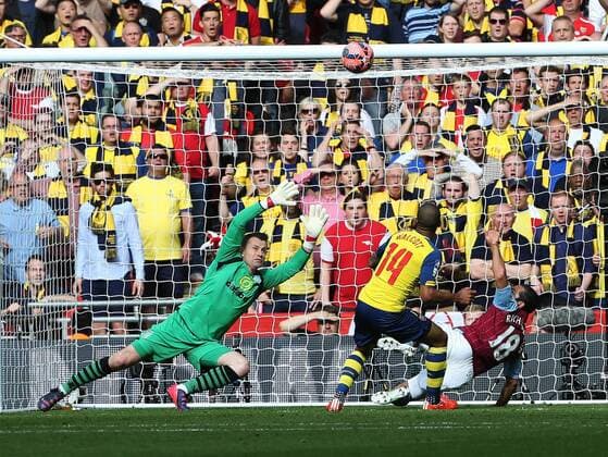 Arsenal s Theo Walcott sees his shot blocked by Aston Villa s Kieran Richardson FA Cup Final - Arsenal vs Aston Villa - Wembley Stadium - England - 30th May 2015 - Picture David Klein Sportimage EDITORIAL USE ONLY. No use with unauthorised audio, video, data, fixture lists, club league logos or live services. Online in-match use limited to 120 images, no video emulation. No use in betting, games or single club league player publications.