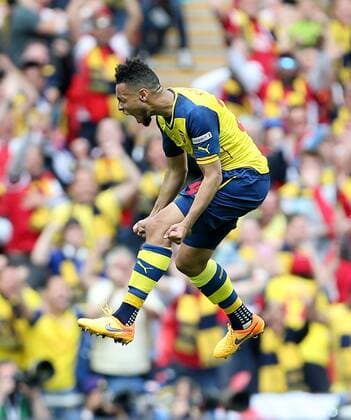 Arsenal s Francis Coquelin celebrates his sides opening goal FA Cup Final - Arsenal vs Aston Villa - Wembley Stadium - England - 30th May 2015 - Picture David Klein Sportimage EDITORIAL USE ONLY. No use with unauthorised audio, video, data, fixture lists, club league logos or live services. Online in-match use limited to 120 images, no video emulation. No use in betting, games or single club league player publications.