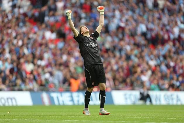 Arsenal s Wojciech Szczesny celebrates his sides second goal - Arsenal vs. Aston Villa - FA Cup Final - Wembley Stadium - London - 30 05 2015 Pic Philip Oldham Sportimage EDITORIAL USE ONLY. No use with unauthorised audio, video, data, fixture lists, club league logos or live services. Online in-match use limited to 120 images, no video emulation. No use in betting, games or single club league player publications.