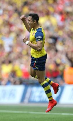 Arsenal s Alexis Sanchez celebrates scoring the second goal FA Cup Final - Arsenal vs Aston Villa - Wembley Stadium - England - 30th May 2015 - Picture David Klein Sportimage EDITORIAL USE ONLY. No use with unauthorised audio, video, data, fixture lists, club league logos or live services. Online in-match use limited to 120 images, no video emulation. No use in betting, games or single club league player publications.