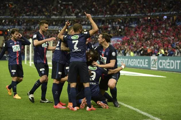 Aktuell Fußball, Frankreich, Coupe de France, AJ Auxerre - Paris St. Germain joie des joueurs Parisiens apres le but de Edinson Cavani (PSG) FOOTBALL : PSG vs Auxerre - Finale coupe de France - 30 05 2015 