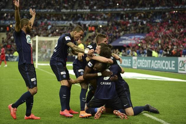 Aktuell Fußball, Frankreich, Coupe de France, AJ Auxerre - Paris St. Germain joie des joueurs Parisiens apres le but de Edinson Cavani (PSG) FOOTBALL : PSG vs Auxerre - Finale coupe de France - 30 05 2015 
