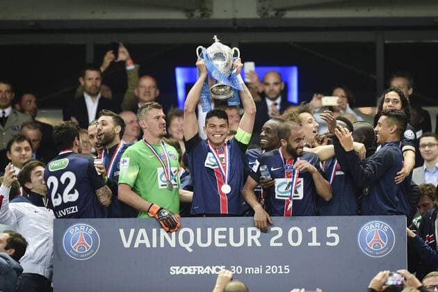 Paris St Germain gewinnt den Coupe de France 2014 2015 - joie Nicolas Douchez (PSG) Thiago Silva (PSG) Lucas (PSG) et equipe FOOTBALL : Auxerre vs Paris Saint Germain - Finale Coupe de France - 30 05 2015 JBAutissier 