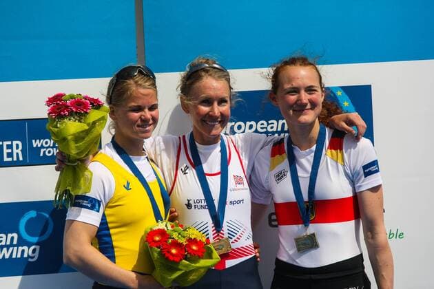 Aktuell Rudern, EM in Posen, Siegerehrung EUROPEAN ROWING CHAMPIONSHIPS POZNAN 2015 Emma Fredh (SWE), Imogen Walsh (GBR), Judith Anlauf (GER) LW1x ,  20150531_awj_1371