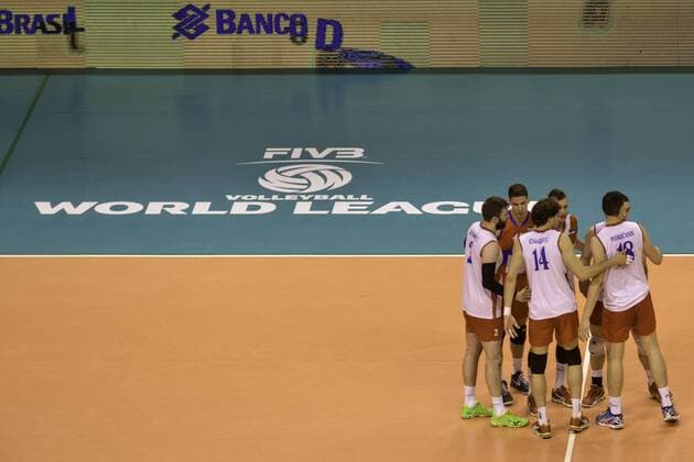 BRASIL X SERBIA Word League BELO HORIZONTE, MG - 05 31 2015: BRAZIL X SERBIA Volleyball WORLD LEAGUE - Players of Serbia during BRAZIL X SERBIA Volleyball WORLD LEAGUE.  Mour?oxPanda