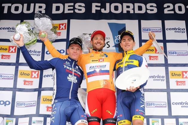 Podium v.l.n.r. (2.) Soren Soeren Kragh ANDERSEN ( DEN Team Trefor - Blue Water ) - (1.) Marco HALLER ( AUT Katusha Team ) - (3.) Michael OLSSON ( SWE Team Trefor - Blue Water ) - Siegerehrung - Zeremonie - Jubel - Freude - Emotionen - Querformat - quer - horizontal - Event Veranstaltung: Tour des Fjords - Fjord Rundfahrt 2015 - Stage 5 5.Etappe: Hinna Park nach Stavanger 178.0 km - Location Ort: Stavanger - Norway - Norwegen - Europe - Europa - Date Datum: 31.05.2015