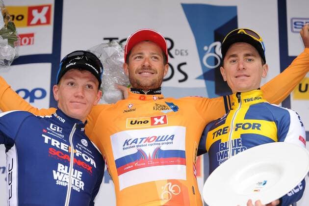 Podium v.l.n.r. (2.) Soren Soeren Kragh ANDERSEN ( DEN Team Trefor - Blue Water ) - (1.) Marco HALLER ( AUT Katusha Team ) - (3.) Michael OLSSON ( SWE Team Trefor - Blue Water ) - Siegerehrung - Zeremonie - Jubel - Freude - Emotionen - Querformat - quer - horizontal - Event Veranstaltung: Tour des Fjords - Fjord Rundfahrt 2015 - Stage 5 5.Etappe: Hinna Park nach Stavanger 178.0 km - Location Ort: Stavanger - Norway - Norwegen - Europe - Europa - Date Datum: 31.05.2015