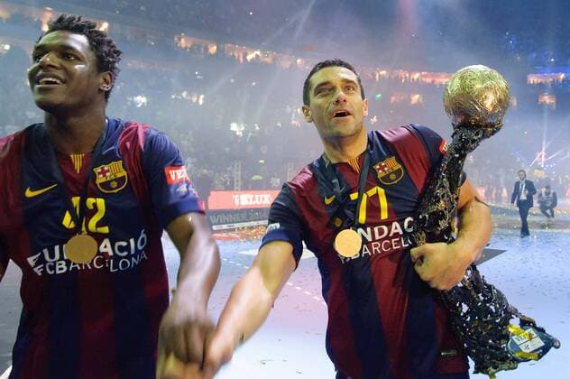 Köln, HANDBALL FINAL FOUR FC Barcelona Barca Jubel Sieg, WAEL JALLOUZ, KIRIL LAZAROV  20150531_PF_PA130