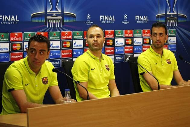 BARCELONA -june 02- SPAIN: Xavi Hernandez, Andres Iniesta and Sergio Busquets in the press conference PK Pressekonferenz after the training before the Champions League final between Juventus. 