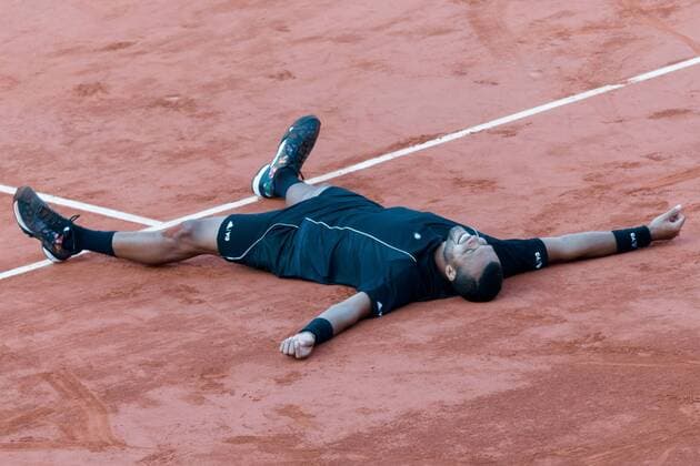 June 2, 2015: Jo-Wilfried Tsonga of France celebrates after winning a Quarterfinal match against Kei Nishikori of Japan on day ten of the 2015 French Open tennis tournament at Roland Garros in Paris, France. Sydney Low Cal Media. Tennis 2015: French Open JUNE 2 - ZUMAc04_