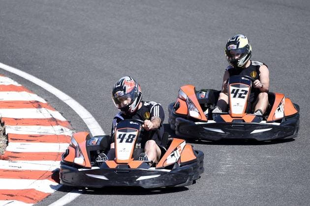 Nainggolan Radja and Mirallas Kevin FOOTBALL : Entrainement - Belgique - Seance de Karting - 02 06 2015 PhotoNews Panoramic 