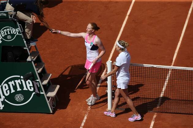 - PARIS, FRANCE: Belgian Alison Van Uytvanck and Swiss Timea Bacsinszky pictured after the women s singles quarterfinal game between Belgian Alison Van Uytvanck WTA Tennis Damen 88) and Swiss Timea Bacsinszky (WTA 23) at the Roland Garros French Open tennis tournament, in Paris, France, Wednesday 03 June 2015. The Roland Garros Grand Slam takes place from 24 May to 07 June 2015. VIRGINIExLEFOUR  x04636348x
