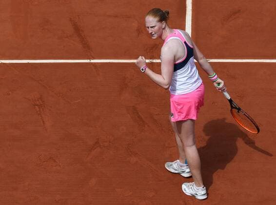 - PARIS, FRANCE: Belgian Alison Van Uytvanck celebrates during the women s singles quarterfinal game between Belgian Alison Van Uytvanck WTA Tennis Damen 88) and Swiss Timea Bacsinszky (WTA 23) at the Roland Garros French Open tennis tournament, in Paris, France, Wednesday 03 June 2015. The Roland Garros Grand Slam takes place from 24 May to 07 June 2015. VIRGINIExLEFOUR  x04636420x