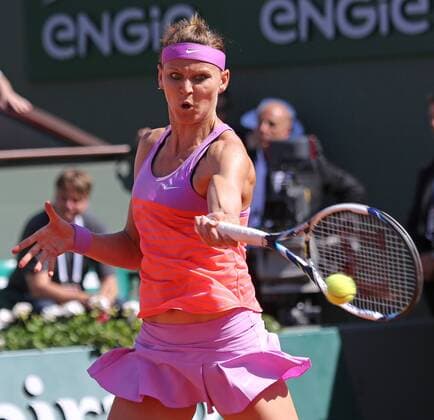 Lucie Safarova of the Czech Republic hits a shot during her French Open women s semifinal match against Ana Ivanovic of Serbia at Roland Garros in Paris on June 4, 2015. Ivanovic defeated Safarova 6-1, 6-3 to advance to the finals.  PAR20150604716 DAVIDxSILPA