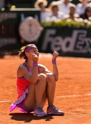 04.06.2015. Paris, France. Roland Garros French Open. Lucie Safarova of Czech Republic celebrates after winning her Women s Singles match against Ana Ivanovic of Serbia on day twelve of the 2015 French Open 2015 in Paris, France. Safarova won the match 7-5 7-5 to move into the final. xBenxPipex  ActionPlus11627526