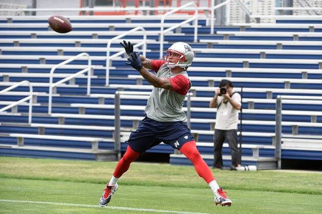 June 4, 2015 - Foxborough, Massachusetts, U.S. - New England Patriots wide receiver Brian Tyms (84) makes a catch during the New England Patriots organized team activities held on the practice fields at Gillette Stadium in Foxborough Massachusetts. Eric Canha CSM NFL American Football Herren USA 2015: Patriots OTA JUN 04 - ZUMAc04_