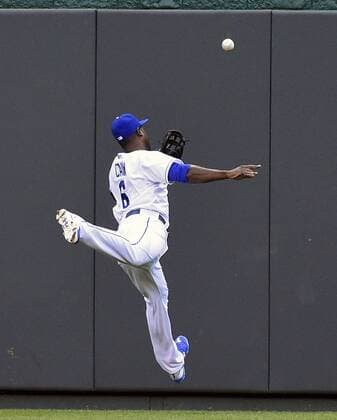 June 4, 2015 - Kansas City, MO, USA - Kansas City Royals center fielder Lorenzo Cain couldn t reach a two-run double hit by the Cleveland Indians David Murphy in the third inning at Kauffman Stadium in Kansas City, Mo., on Thursday, June 4, 2015. Cleveland at Kansas City - ZUMAm67_