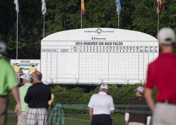 June 04 2015: An Empty leader board before the start of the first round of the Memorial Tournament held at the Muirfield Village Golf Club in Dublin, Ohio. GOLF: JUN 04 PGA Golf Herren - the Memorial Tournament - First Round Icon150604001 EDITORIAL USE ONLY