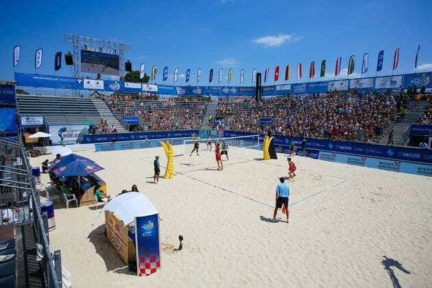 Beach volleyball Beachvolleyball - FIVB Major Series 2015 POREC,CROATIA,06.JUN.15 - BEACH VOLLEYBALL - FIVB Major Series, men. Image shows an overview of the center court. GEPAxpictures xMaticxKlansek