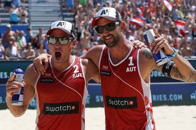 Beach volleyball Beachvolleyball - FIVB Major Series 2015 POREC,CROATIA,06.JUN.15 - BEACH VOLLEYBALL - FIVB Major Series, men. Image shows the rejoicing of Clemens Doppler and Alexander Horst (AUT). GEPAxpictures xMaticxKlansek