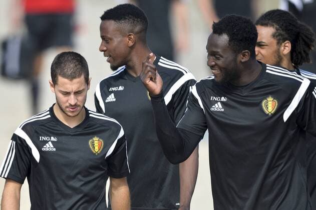 - BORDEAUX, FRANCE: Belgium s Eden Hazard and Belgium s Romelu Lukaku pictured during a training session on the fifth day of the training camp of Belgian national soccer team The Red Devils in Bordeaux, France, Friday 05 June 2015. The Devils are preparing for a friendly game against France and a Euro 2016 qualification game against Wales. DIRKxWAEM  x04637115x