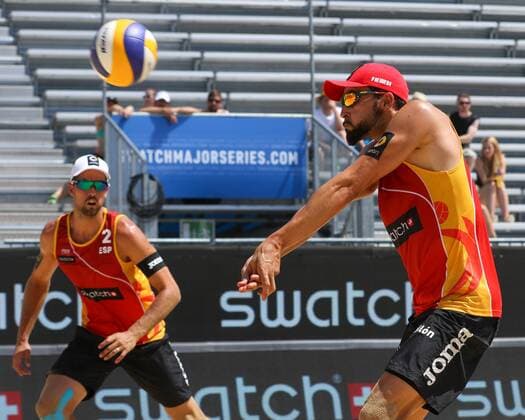 Beach volleyball Beachvolleyball - FIVB Major Series 2015 POREC,CROATIA,05.JUN.15 - BEACH VOLLEYBALL - FIVB Major Series, men. Image shows Pablo Herrera Allepuz and Adrian Gavira Collado (ESP). GEPAxpictures xMaticxKlansek