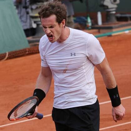 Andy Murray of Great Britain reacts after a shot during his French Open men s semifinal match against Novak Djokovic of Serbia at Roland Garros in Paris on June 5, 2015. Play was suspended due to rain and darkness with Djokovic leading 6-3, 6-3, 5-7, 3-3.  PAR20150605762 DAVIDxSILPA