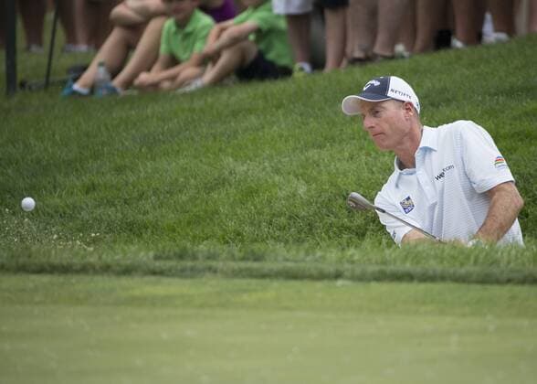 June 05 2015: Jim Furyk hitting from a bunker during the second round of the Memorial Tournament held at the Muirfield Village Golf Club in Dublin, Ohio. GOLF: JUN 05 PGA Golf Herren - the Memorial Tournament - Second Round Icon150605046 EDITORIAL USE ONLY