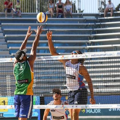 Beach volleyball Beachvolleyball - FIVB Major Series 2015 POREC,CROATIA,06.JUN.15 - BEACH VOLLEYBALL - FIVB Major Series, men. Image shows Pedro Solberg Salgado (BRA) and Youssef Krou (FRA). GEPAxpictures xMaticxKlansek