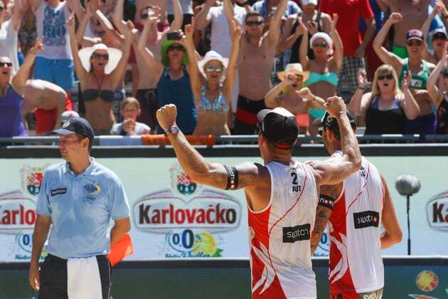 Beach volleyball Beachvolleyball - FIVB Major Series 2015 POREC,CROATIA,06.JUN.15 - BEACH VOLLEYBALL - FIVB Major Series, men. Image shows the rejoicing of Clemens Doppler and Alexander Horst (AUT). GEPAxpictures xMaticxKlansek