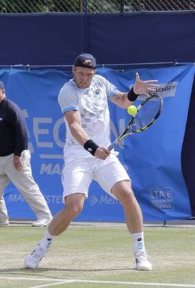 06.06.2015. Manchester, England. Aegon Manchester Trophy. Number 2 seed Sam Groth (AUS) in action during his semi-final match against Rajeev Ram (USA). Groth went through to the final after Ram withdrew with an injury at one set all. xAlanxMartinx  ActionPlus11628295