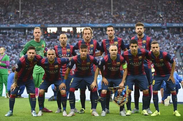 FUSSBALL CHAMPIONS LEAGUE FINALE SAISON 2014 2015 FC Barcelona - Mannschaftsbild - Hinten, v.li.: Marc-Andre Marc-Andre ter Stegen, Javier Mascherano, Ivan Rakitic, Sergio Busquets, Gerard Pique; Vorne, v.li.: Lionel Messi, Dani Alves, Neymar Jr., Andres Iniesta, Luis Suarez, Jordi Alba 