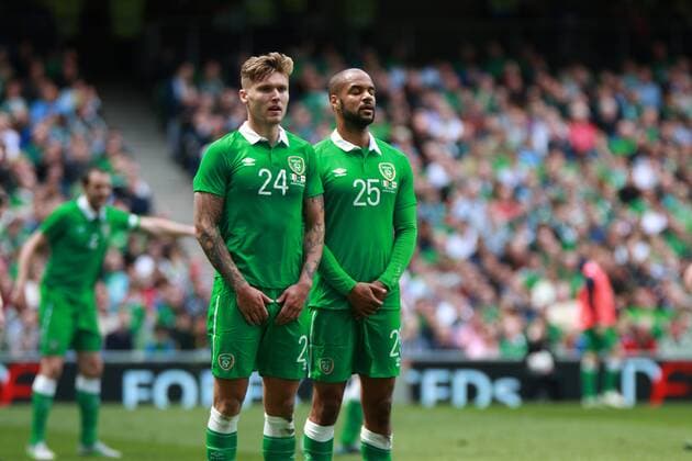 07.06.2015. Dublin, Ireland. Robbie Jeff Hendrick, David McGoldrick of Rep of Ireland. Republic of Ireland versus England. 2015 International Friendly Länderspiel Republic of Ireland v England Jun 7th 