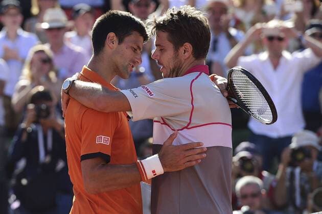 Novak Djokovic (srb) , Stanislas Wawrinka (sui) en fin de match TENNIS : Roland Garros 2015 - Finale Homme - Internationaux de France - 07 06 2015 