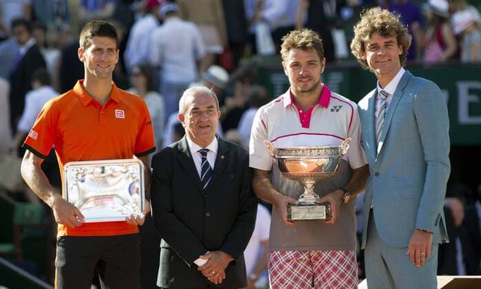 TENNIS - ATP Tennis Herren French Open 2015 PARIS,FRANCE,07.JUN.15 - TENNIS - ATP World Tour, Grand Slam, Roland Garros, French Open, final. Image shows Novak Djokovic (SRB), Jean Gachassin (FFT), Stan Wawrinka (SUI) and Gustavo Kuerten. GEPAxpictures xMatthiasxHauer