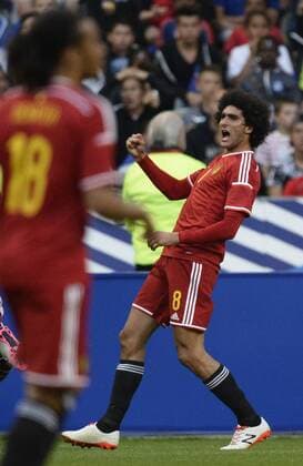 - PARIS, FRANCE: Belgium s Marouane Fellaini celebrates after scoring during a friendly game between France and Belgium in the Stade de France in Paris, France, Sunday 07 June 2015. The Devils are preparing for a Euro 2016 qualification game against Wales on Friday. DIRKxWAEM  x04637894x