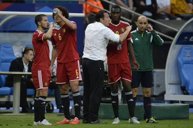 - PARIS, FRANCE: Belgium s Eden Hazard, Belgium s Axel Witsel, Belgium s head coach Marc Wilmots and Belgium s Moussa Dembele pictured during a friendly game between France and Belgium in the Stade de France in Paris, France, Sunday 07 June 2015. The Devils are preparing for a Euro 2016 qualification game against Wales on Friday. DIRKxWAEM  x04637924x