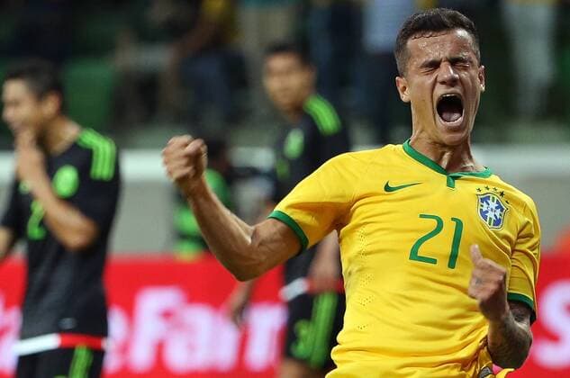 Brazil s Phillippe Coutinho, celebrates after scoring during the International Friendly Länderspiel match, against Mexico, held in the Allianz Parque Stadium, in Sao Paulo, Brazil, on June 7, 2015. Ale Cabral AGENCIA O DIA ESTADAO CONTEUDO ) (rtg) BRAZIL OUT (SP)BRAZIL-SAO PAULO-SOCCER-BRAZIL VS MEXICO AGENCIAxESTADO 