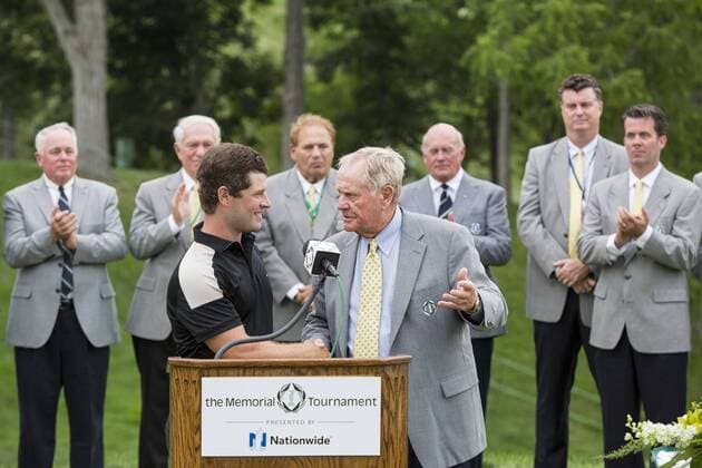 June 7, 2015: Jack Nicklaus congratulates David Lingmerth for winning the tournament in a three-hole sudden-death playoff at the conclusion of the final round of the Memorial Tournament presented by Nationwide Insurance held at Muirfield Village Golf Club in Dublin, Ohio. GOLF: JUN 07 PGA Golf Herren - the Memorial Tournament - Final Round Icon1506071118 EDITORIAL USE ONLY