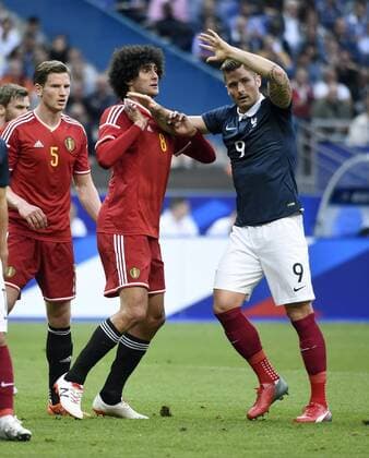 Marouane Fellaini of Belgium and Olivier Giroud of France FOOTBALL : France vs Belgique - Amical - 07 06 2015 PhotoNews Panoramic 