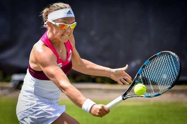 - ROSMALEN, NETHERLANDS: Belgian Kirsten Flipkens pictured in action during a tennis match between between Japanese Kurumi Nara and Belgian Kirsten Flipkens in the first round of the women s tournament at the Topshelf Open WTA Tennis Damen tennis tournament in Rosmalen, the Netherlands, Monday 08 June 2015. LUCxCLAESSEN  x04638622x