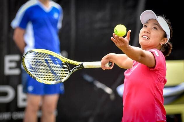 - ROSMALEN, NETHERLANDS: Japanese Kurumi Nara pictured in action during a tennis match between between Japanese Kurumi Nara and Belgian Kirsten Flipkens in the first round of the women s tournament at the Topshelf Open WTA Tennis Damen tennis tournament in Rosmalen, the Netherlands, Monday 08 June 2015. LUCxCLAESSEN  x04638613x