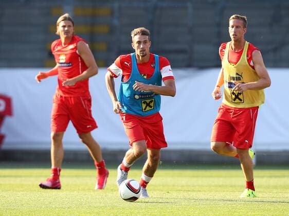 SOCCER - UEFA EURO EM Europameisterschaft Fussball 2016 quali, RUS vs AUT, preview VIENNA,AUSTRIA,08.JUN.15 - SOCCER - UEFA European Championship EM Europameisterschaft 2016, European Qualifiers, OEFB international match Länderspiel Russia vs Austria, preview, training of team AUT. Image shows Sebastian Proedl, Stefan Ilsanker and Marc Janko (AUT). GEPAxpictures xChristianxOrt