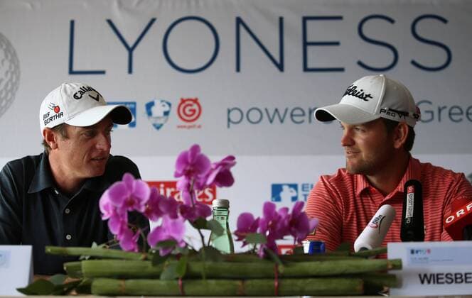 GOLF - Lyoness Open 2015 ATZENBRUGG,AUSTRIA,09.JUN.15 - GOLF - PGA Golf Herren European Tour, Lyoness Open, Diamond Country Club, press conference PK Pressekonferenz Image shows Nicolas Colsaerts (BEL) and Bernd Wiesberger (AUT). GEPAxpictures xDanielxGoetzhaber